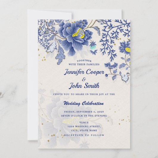 Invitation Elégante aquarelle Bleu Floral Mariage botanique I (Devant)