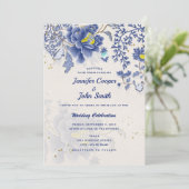 Invitation Elégante aquarelle Bleu Floral Mariage botanique I (Debout devant)
