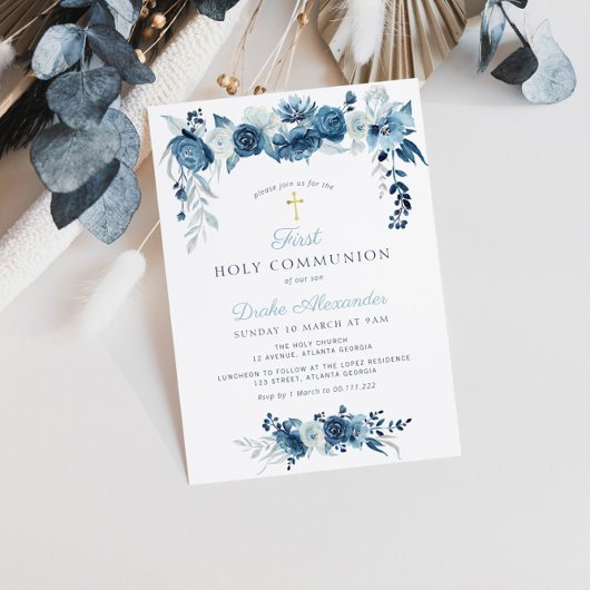 Invitation Elégante aquarelle bleu floral première communion