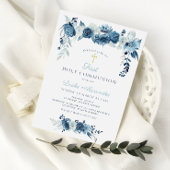 Invitation Elégante aquarelle bleu floral première communion