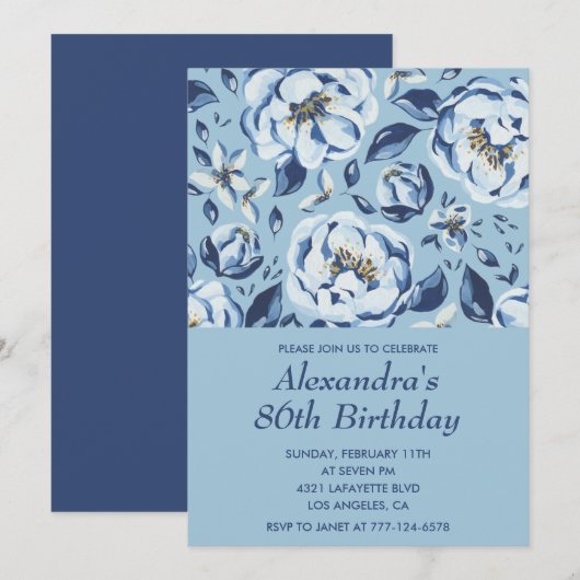 Invitation Elégante aquarelle bleu florale 86e anniversaire (Devant / Derrière)