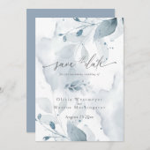Invitation Elégante aquarelle Bleu Foliage Enregistrer la dat (Devant / Derrière)