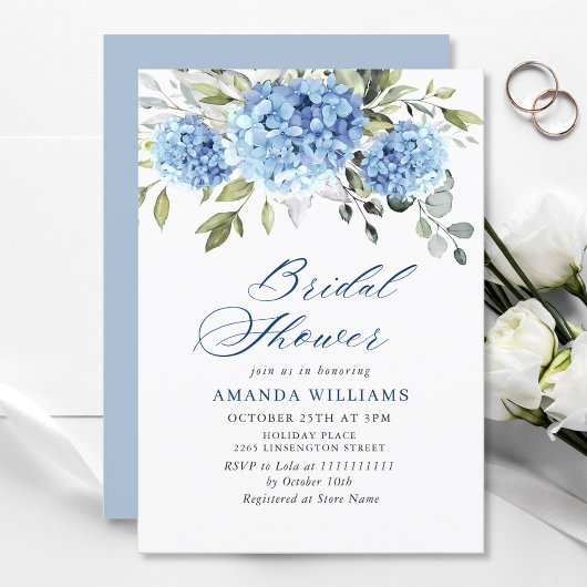 Invitation Elégante aquarelle bleu Hydrangea FÊTE DES MARIÉES