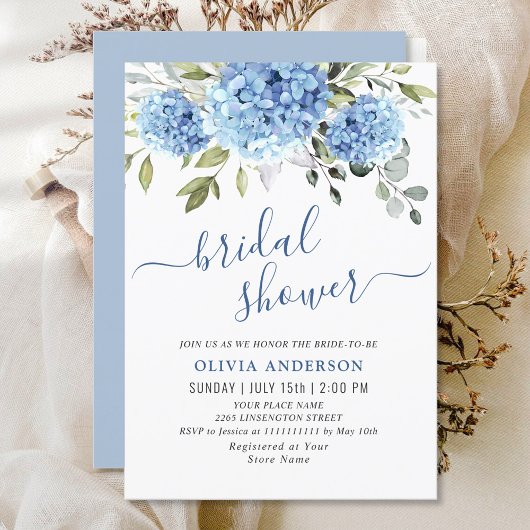 Invitation Elégante aquarelle bleu Hydrangea FÊTE DES MARIÉES
