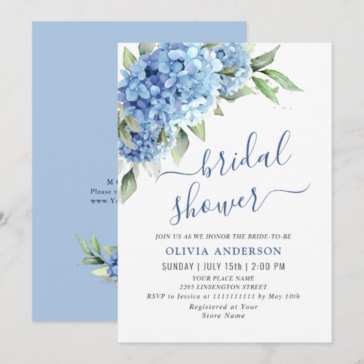 Invitation Elégante aquarelle bleu Hydrangea FÊTE DES MARIÉES (Devant / Derrière)