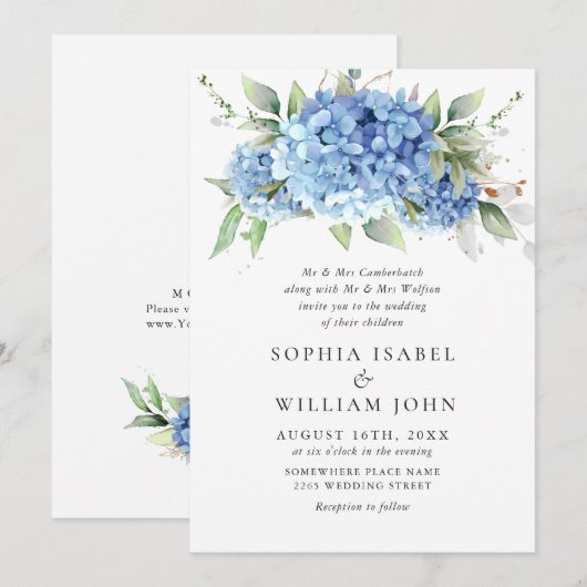 Invitation Elégante aquarelle bleu Hydrangea Mariage floral (Devant / Derrière)