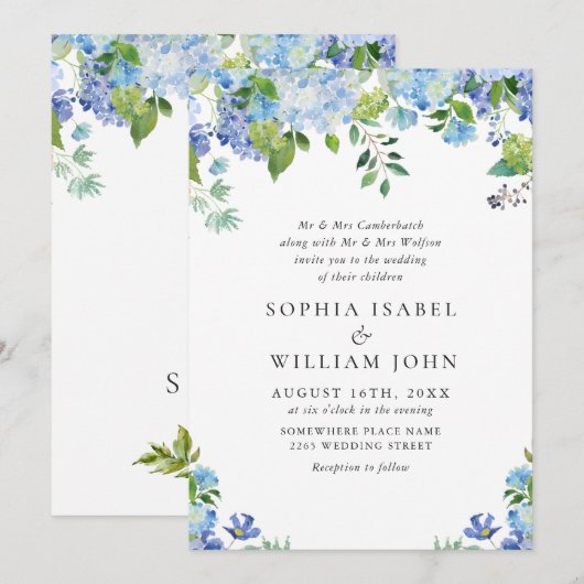 Invitation Elégante aquarelle bleu Hydrangea Mariage floral (Devant / Derrière)