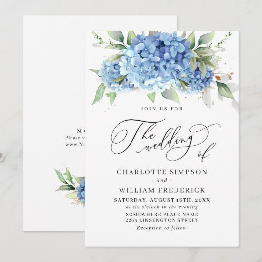 Invitation Elégante aquarelle bleu Hydrangea Mariage floral (Devant / Derrière)