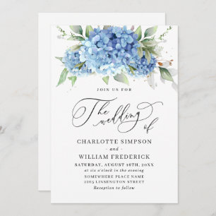 Invitation Elégante aquarelle bleu Hydrangea Mariage floral