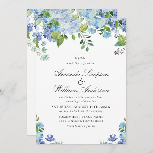 Invitation Elégante aquarelle bleu Hydrangea Mariage floral (Devant / Derrière)