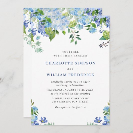 Invitation Elégante aquarelle bleu Hydrangea Mariage floral (Devant / Derrière)