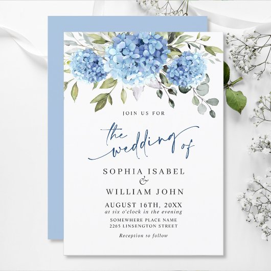 Invitation Elégante aquarelle bleu Hydrangea Mariage floral