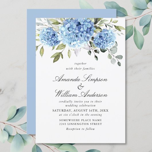 Invitation Elégante aquarelle bleu Hydrangea Mariage floral