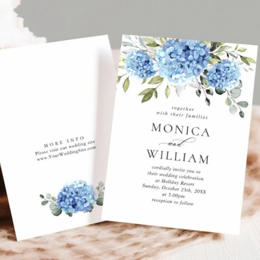 Invitation Elégante aquarelle bleu Hydrangea Mariage floral
