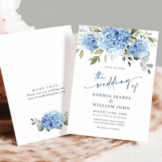 Invitation Elégante aquarelle bleu Hydrangea Mariage floral