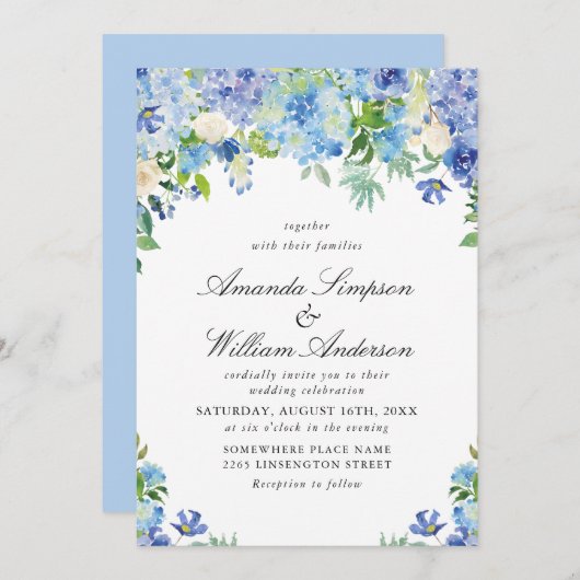 Invitation Elégante aquarelle bleu Hydrangea Mariage floral (Devant / Derrière)