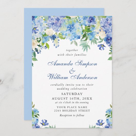 Invitation Elégante aquarelle bleu Hydrangea Mariage floral (Devant / Derrière)