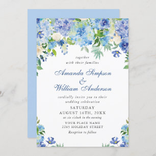 Invitation Elégante aquarelle bleu Hydrangea Mariage floral