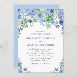 Invitation Elégante aquarelle bleu Hydrangea Mariage floral