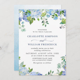 Invitation Elégante aquarelle bleu Hydrangea Mariage floral