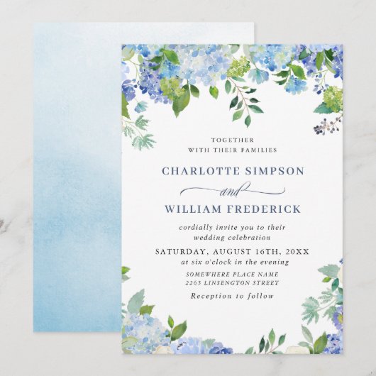 Invitation Elégante aquarelle bleu Hydrangea Mariage floral (Devant / Derrière)