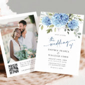 Invitation Elégante aquarelle bleu Hydrangea Photo QR Mariage