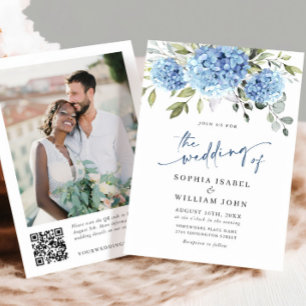Invitation Elégante aquarelle bleu Hydrangea Photo QR Mariage