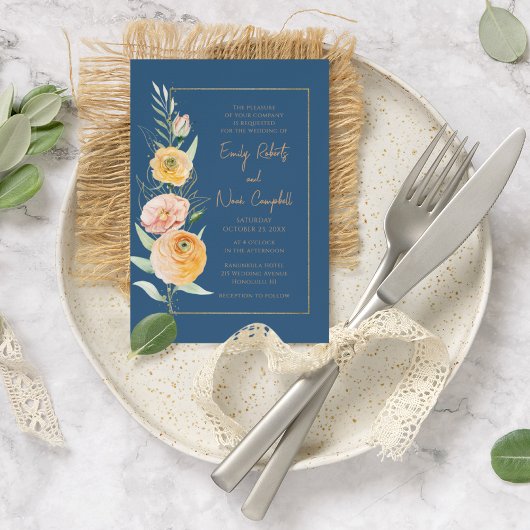 Invitation Elégante Aquarelle bleu orange moderne Floral