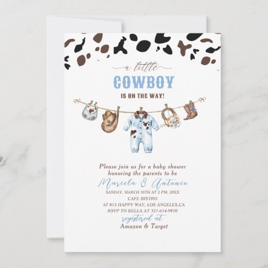 Invitation Elégante aquarelle bleu petit Baby shower Cowboy (Devant)