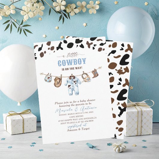 Invitation Elégante aquarelle bleu petit Baby shower Cowboy