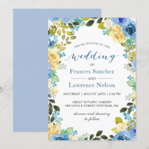 Invitation Elégante aquarelle bleu rose jaune jardin mariage