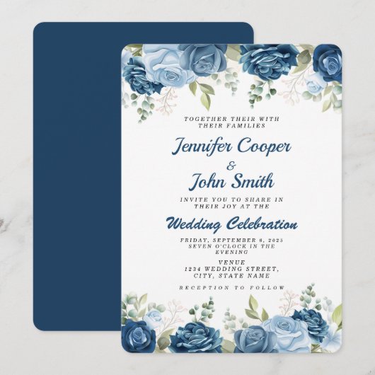 Invitation Elégante aquarelle bleu Rose Mariage floral (Devant / Derrière)