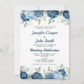 Invitation Elégante aquarelle bleu Rose Mariage floral (Devant)