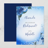 Invitation Elégante aquarelle bleu royal Floral (Devant / Derrière)