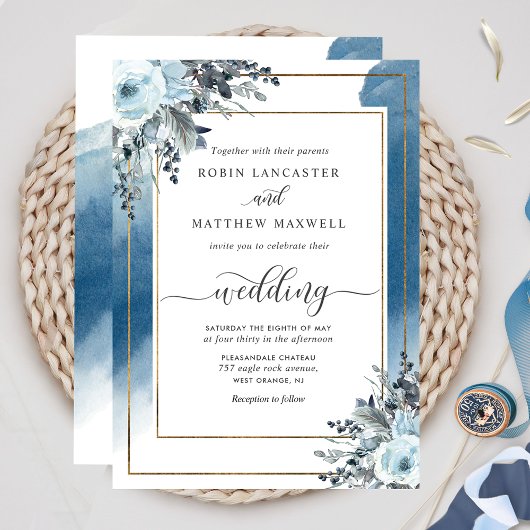 Invitation Elégante aquarelle bleue et Mariage bleu floral
