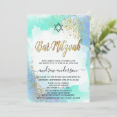 Invitation Elégante Aquarelle Bleue Et Or Mitzvah (Debout devant)