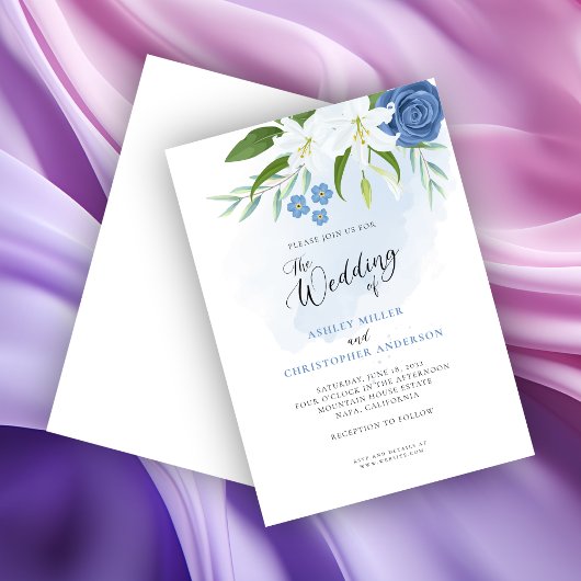 Invitation Elégante aquarelle bleue florale