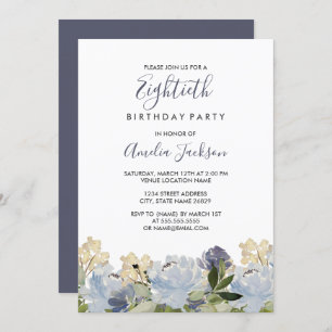 Invitation Elégante aquarelle bleue florale 80e anniversaire