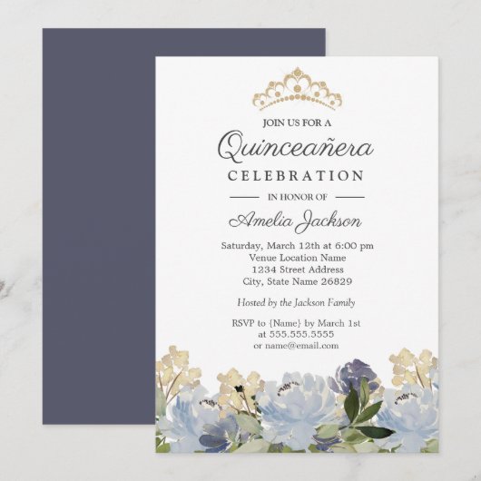 Invitation Elégante aquarelle bleue Florale Quinceanera (Devant / Derrière)
