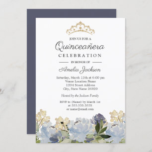 Invitation Elégante aquarelle bleue Florale Quinceanera