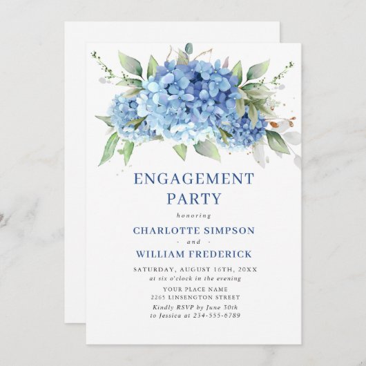 Invitation Elégante aquarelle Blue Hydrangea ENGAGEMENT PARTI (Devant / Derrière)