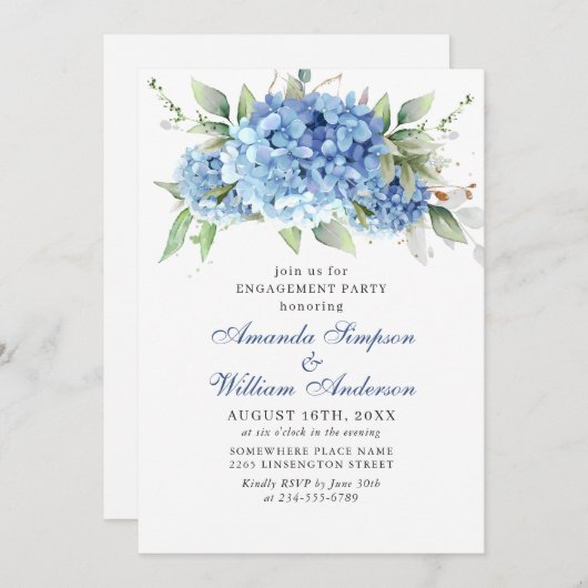 Invitation Elégante aquarelle Blue Hydrangea ENGAGEMENT PARTI (Devant / Derrière)