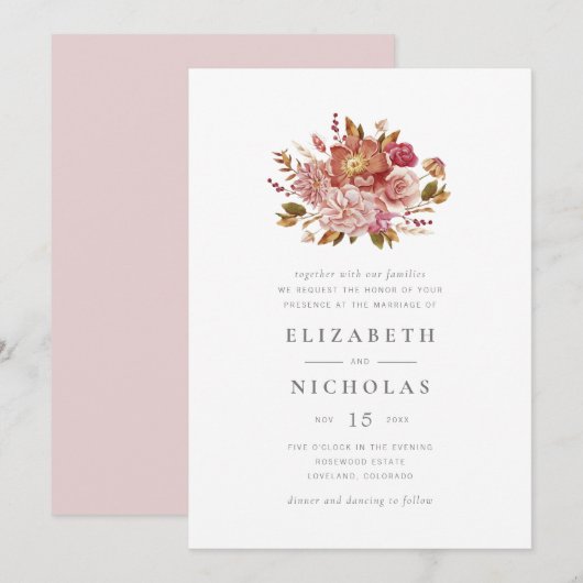 Invitation Elégante Aquarelle Blush Bouquet Floral Mariage Da (Devant / Derrière)