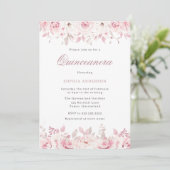 Invitation Elégante aquarelle Blush Floral Rose Quinceanera (Debout devant)
