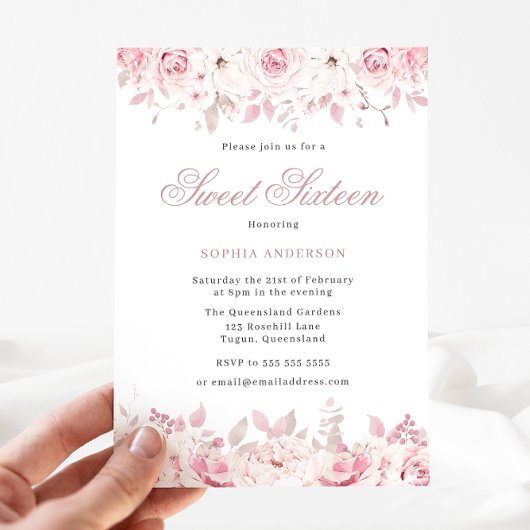 Invitation Elégante Aquarelle Blush Floral Rose Sweet 16