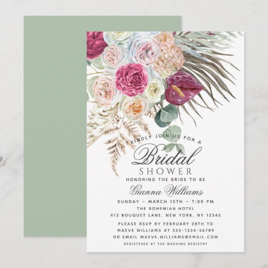 Invitation Elégante aquarelle Boho Fête des mariées florale (Devant / Derrière)