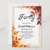 Invitation Elégante aquarelle Boho Floral Automne 40e anniver (Devant)