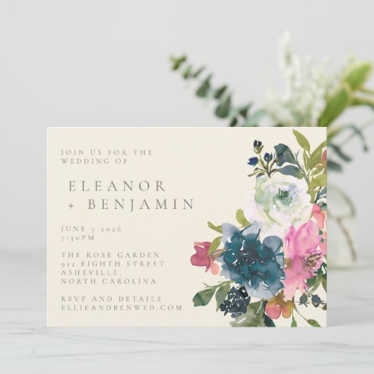 Invitation Elégante aquarelle Boho rose marine Mariage floral (Debout devant)