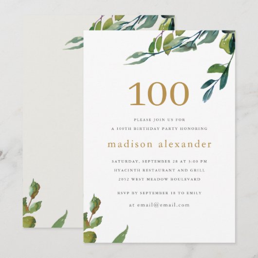 Invitation Elégante aquarelle Botanique 100e anniversaire (Devant / Derrière)