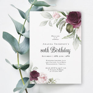 Invitation Elégante aquarelle Botanique 80e anniversaire Invi